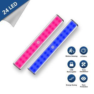 2 Pack 24 RGB LED Colorful Rechargeable Motion Sensor Closet Light